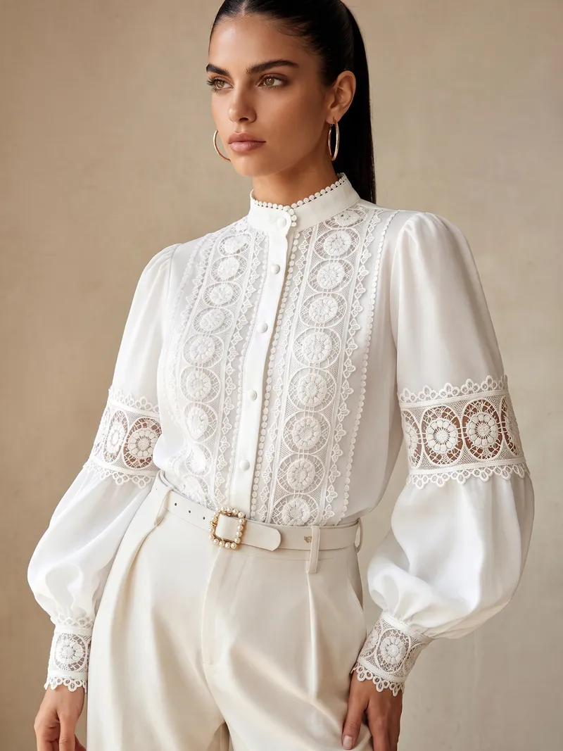 Solace Chic Lace Panel Stand Collar Puff Long Sleeve Blouse