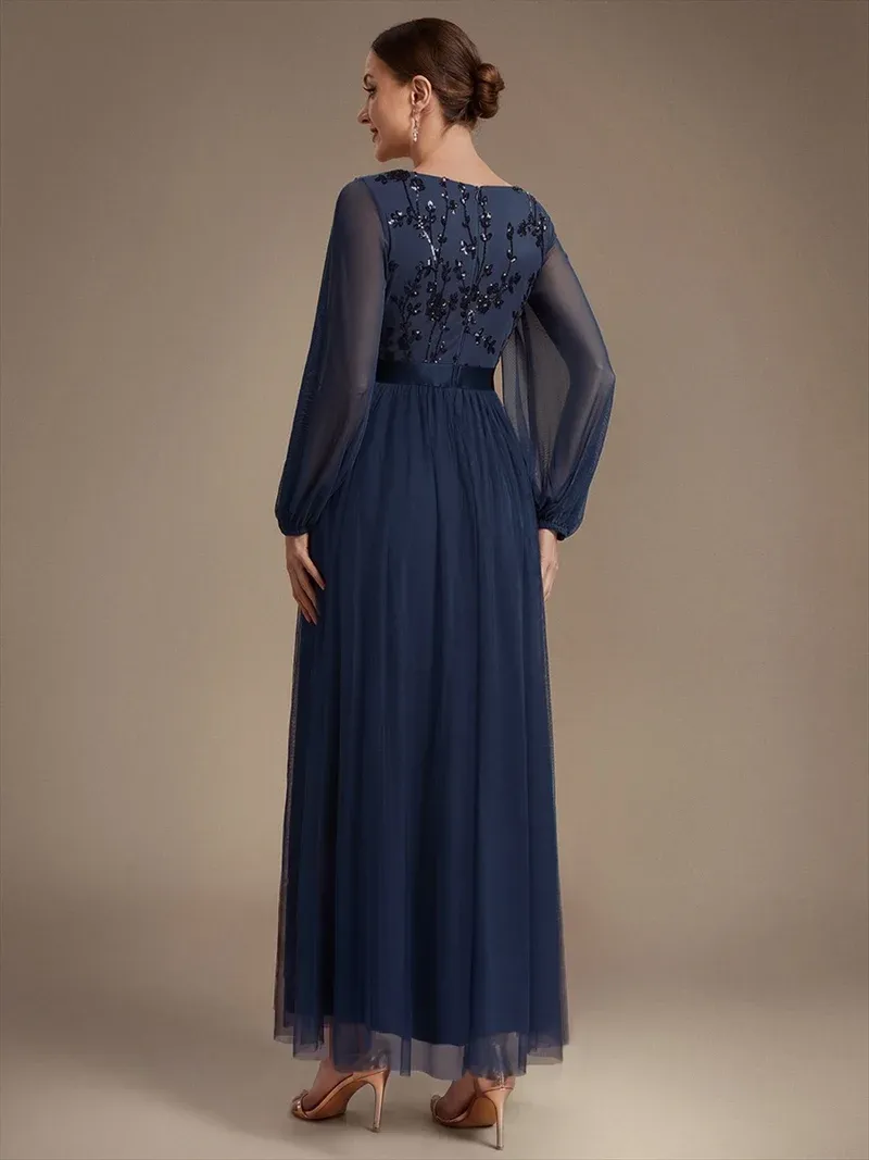 EVER-PRETTY Sequin Puff Long Sleeve Evening Dress