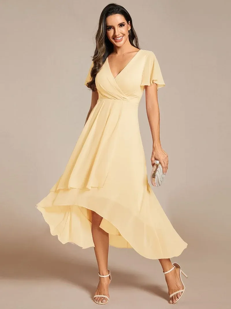 ever LARK Ruffles Sleeve Pleated V-Neck A-Line Midi Chiffon Wedding Guest Dress