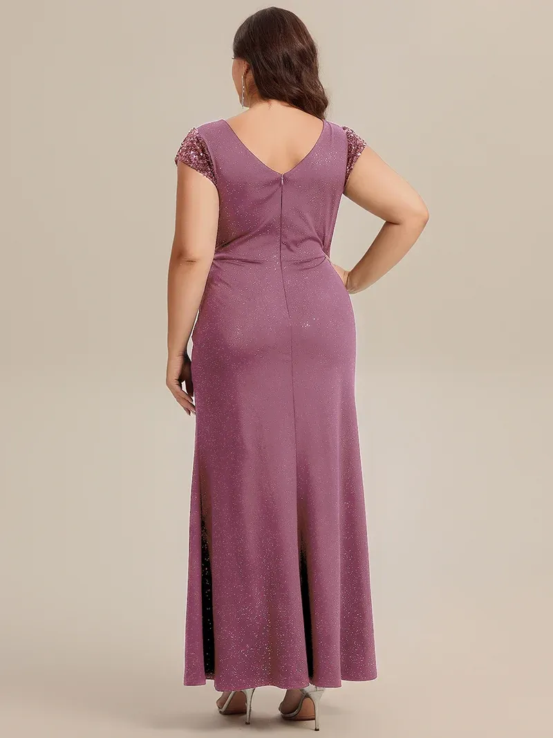 pretty KAIA Plus Size Knotted Knit Cap Sleeve Maxi Glitter Evening Dress