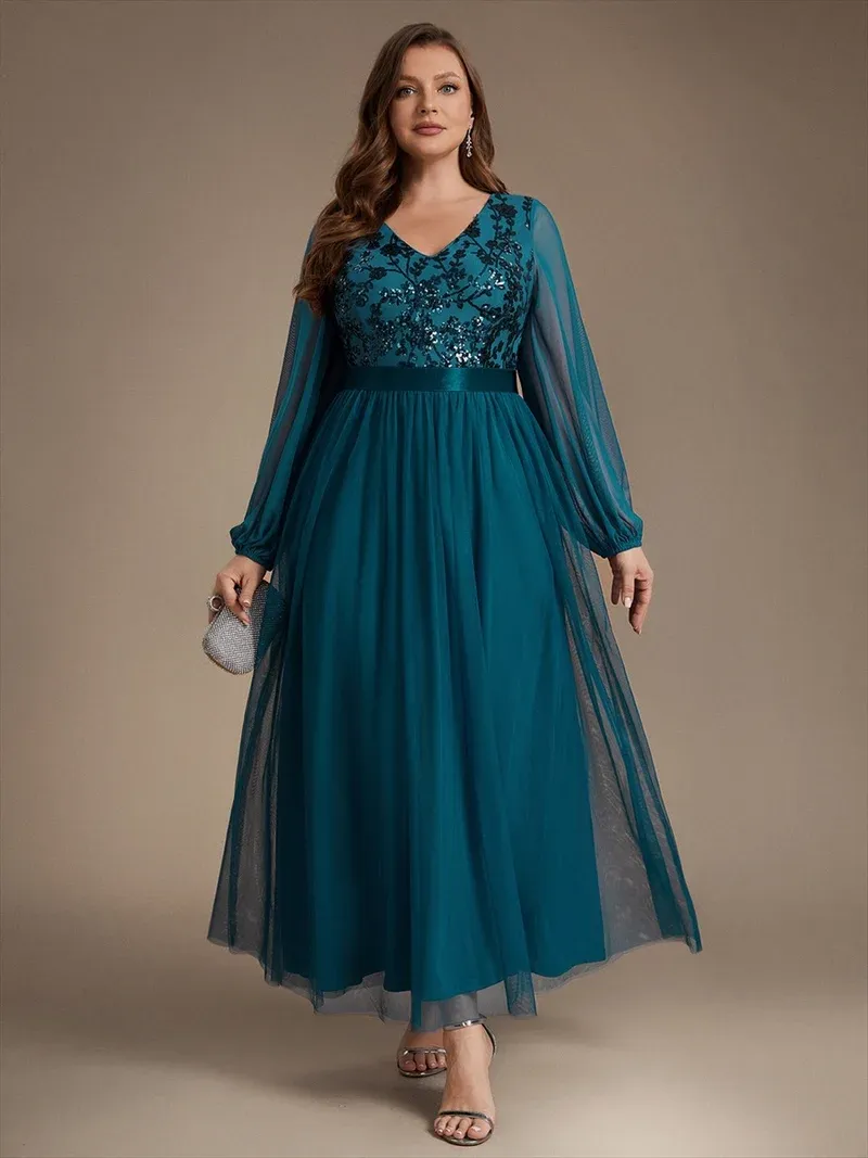 EVER-PRETTY Sequin Puff Long Sleeve Evening Dress