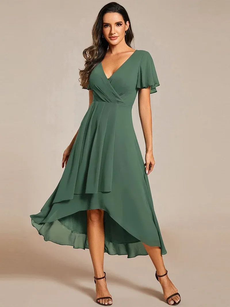 ever LARK Ruffles Sleeve Pleated V-Neck A-Line Midi Chiffon Wedding Guest Dress