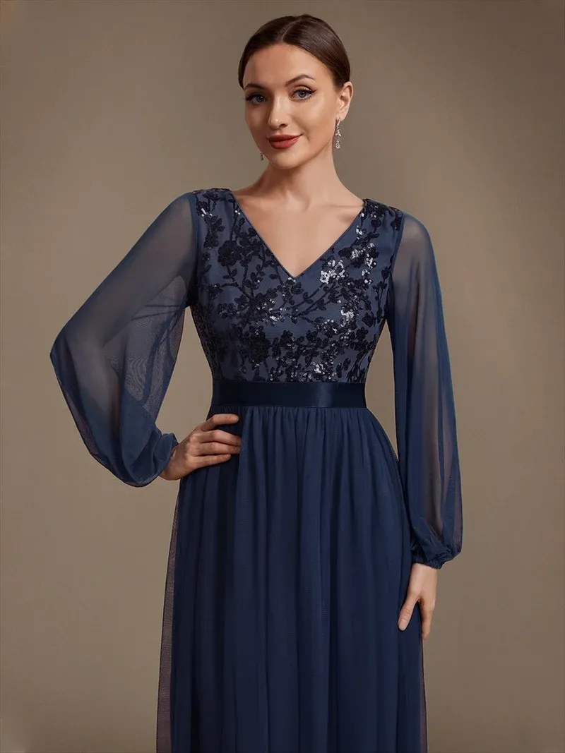 EVER-PRETTY Sequin Puff Long Sleeve Evening Dress