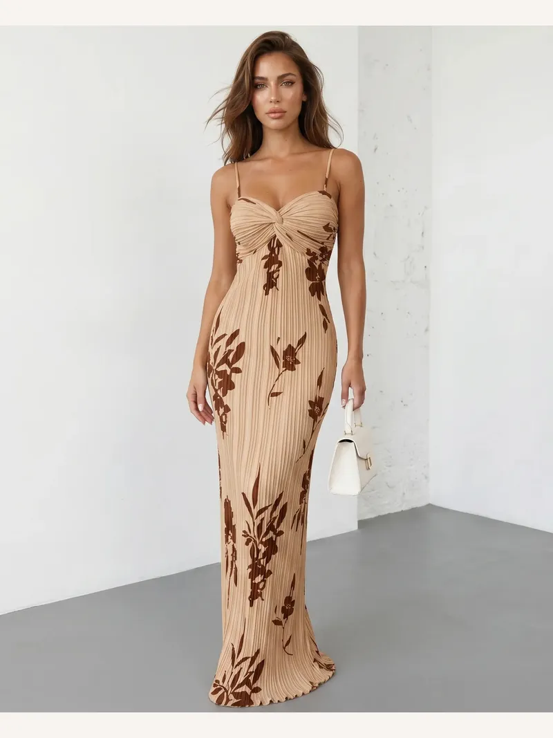Solace Chic Floral Print Twist Bust Pleated Maxi Dress