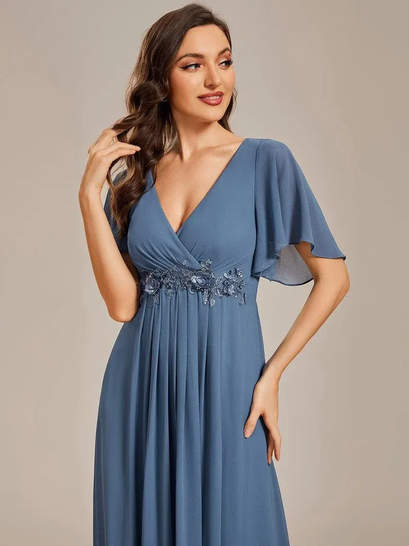 ever IVYROSE Ruffles Sleeve A-Line Chiffon Waist Applique Maxi Formal Evening Dress