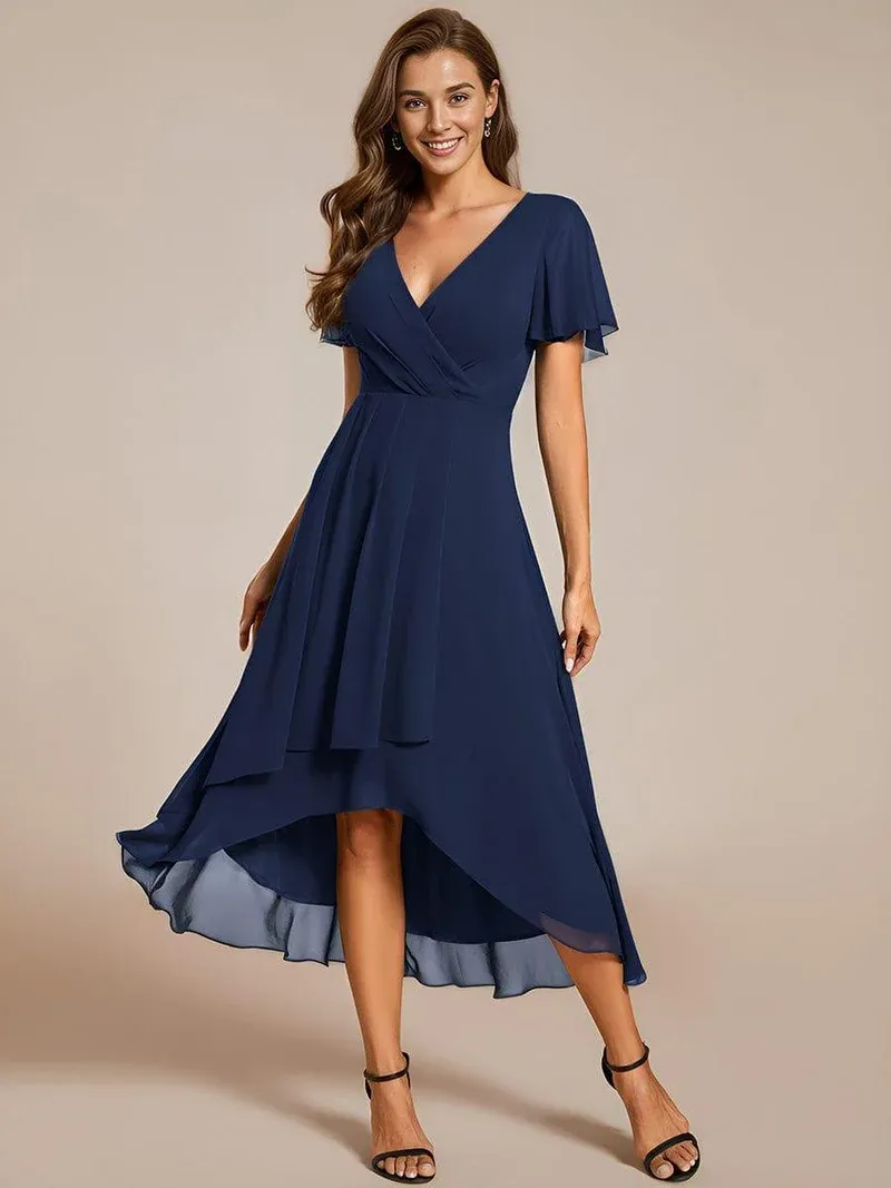 ever LARK Ruffles Sleeve Pleated V-Neck A-Line Midi Chiffon Wedding Guest Dress