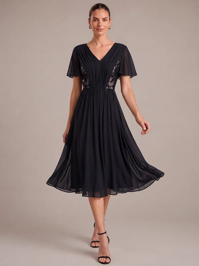 EVER-PRETTY See-through Chiffon Ruffle Sleeve Wedding Guest Dress