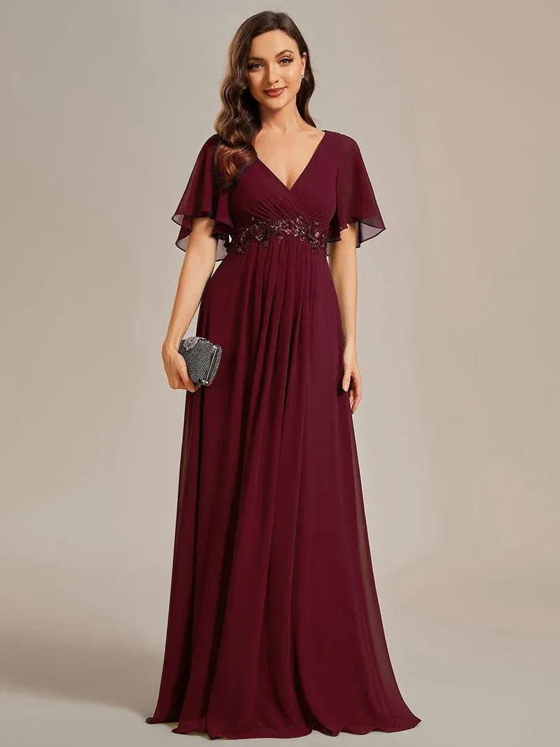 ever IVYROSE Ruffles Sleeve A-Line Chiffon Waist Applique Maxi Formal Evening Dress