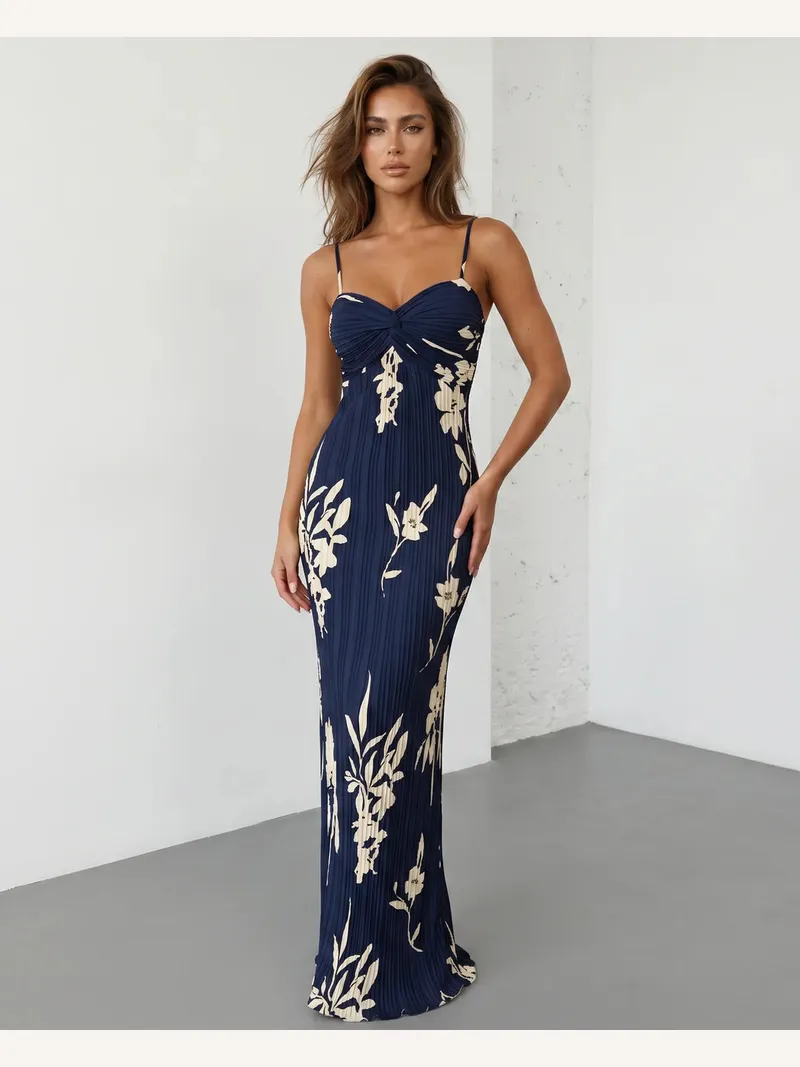 Solace Chic Floral Print Twist Bust Pleated Maxi Dress