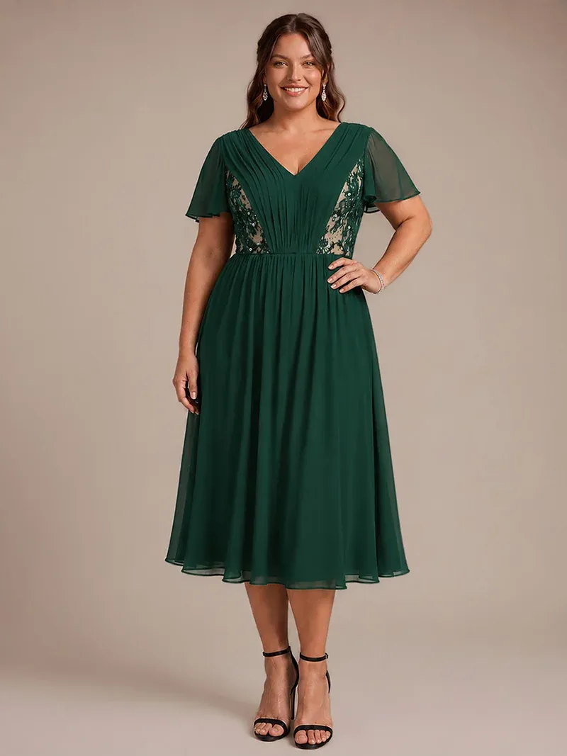 EVER-PRETTY See-through Chiffon Ruffle Sleeve Wedding Guest Dress