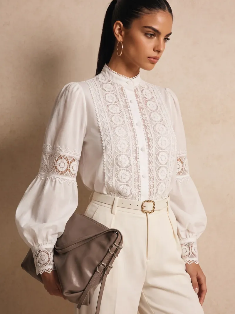 Solace Chic Lace Panel Stand Collar Puff Long Sleeve Blouse