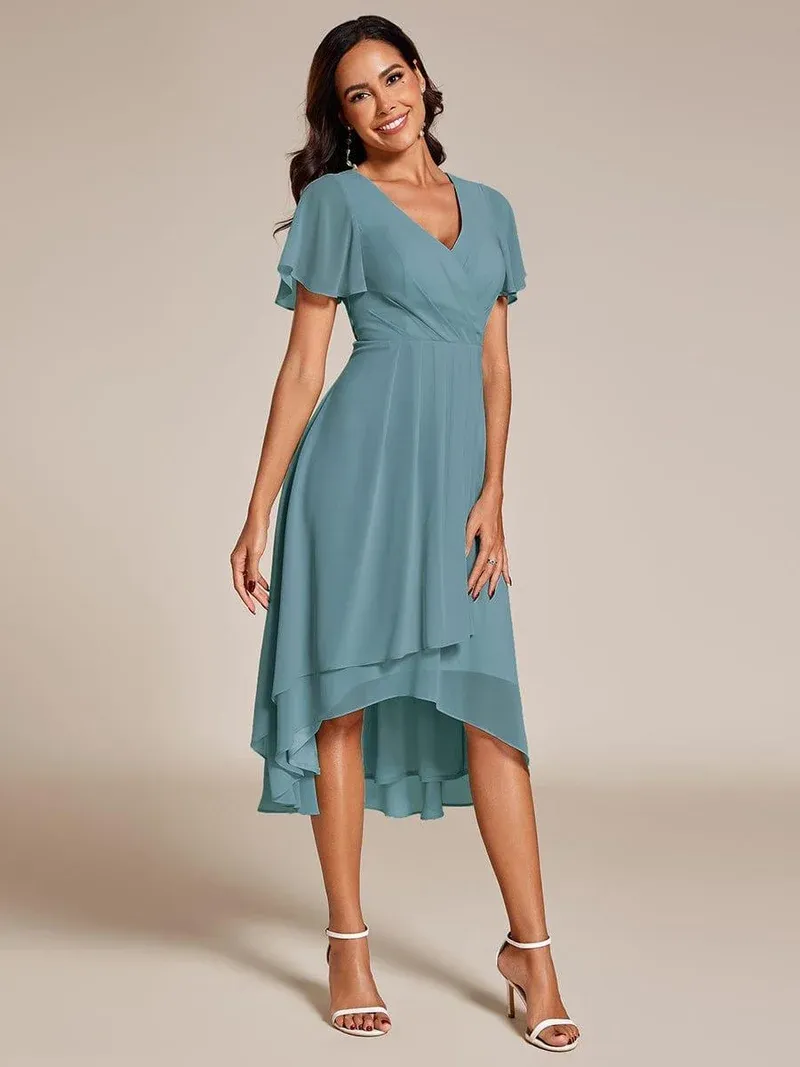 ever LARK Ruffles Sleeve Pleated V-Neck A-Line Midi Chiffon Wedding Guest Dress