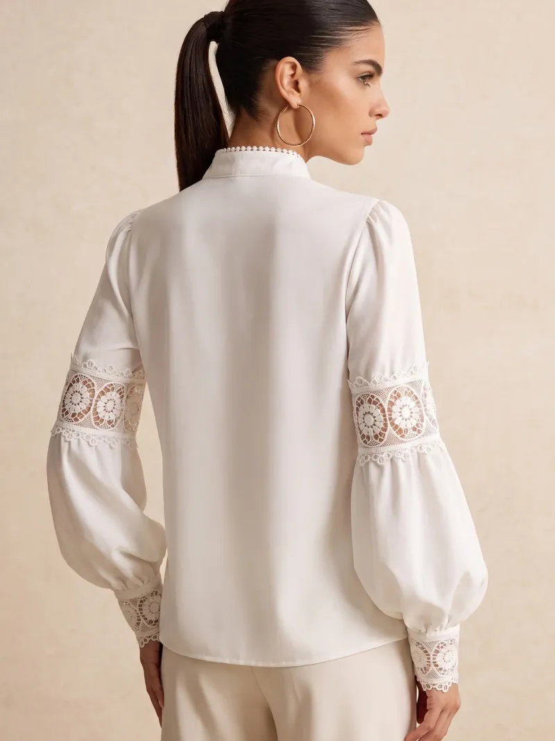 Solace Chic Lace Panel Stand Collar Puff Long Sleeve Blouse