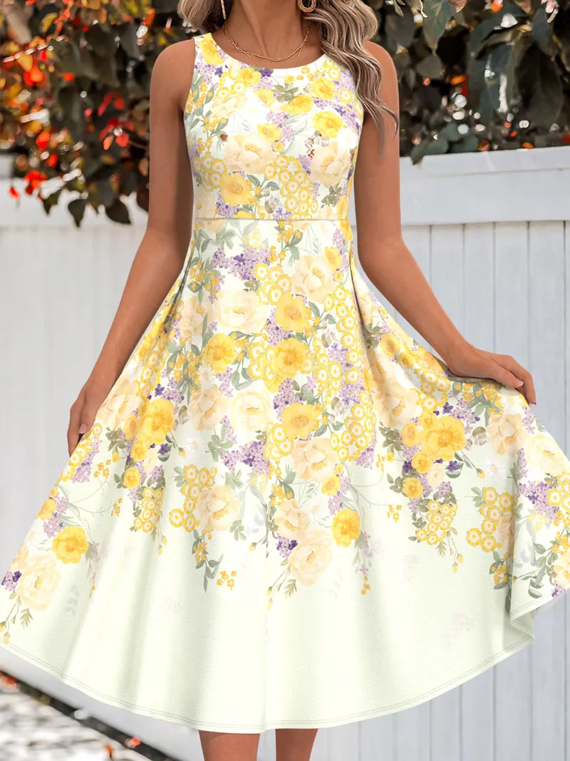 Modlily Light Yellow Two Piece Floral Print Dress and Cardigan