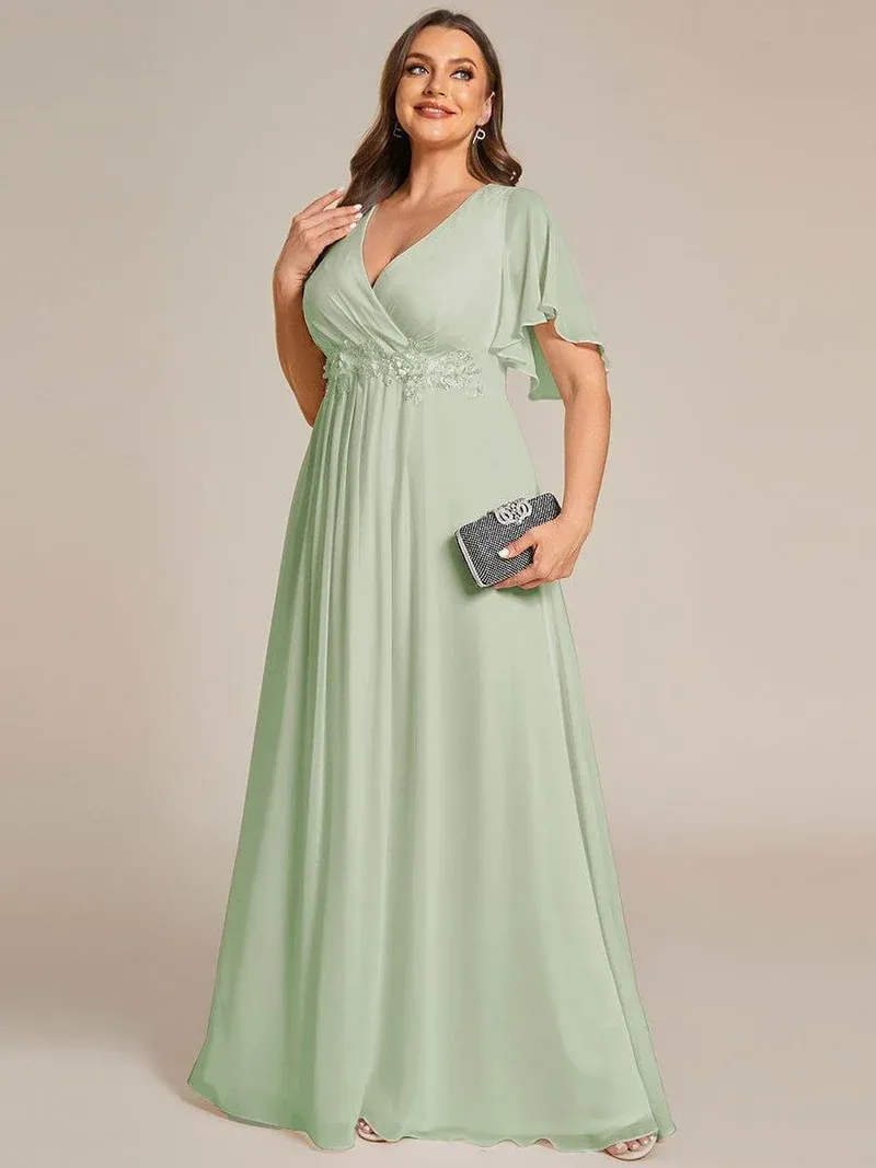 ever IVYROSE Ruffles Sleeve A-Line Chiffon Waist Applique Maxi Formal Evening Dress