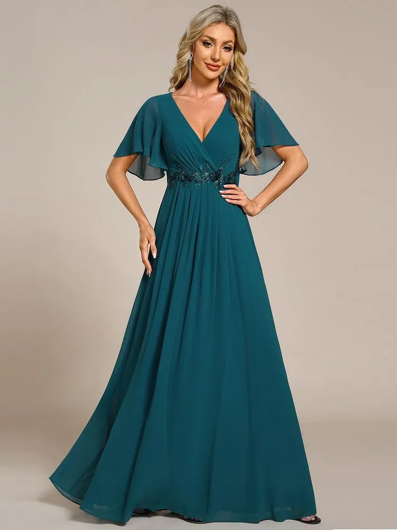 ever IVYROSE Ruffles Sleeve A-Line Chiffon Waist Applique Maxi Formal Evening Dress
