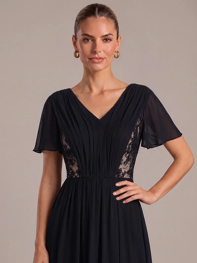 EVER-PRETTY See-through Chiffon Ruffle Sleeve Wedding Guest Dress