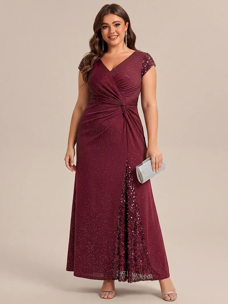 pretty KAIA Plus Size Knotted Knit Cap Sleeve Maxi Glitter Evening Dress
