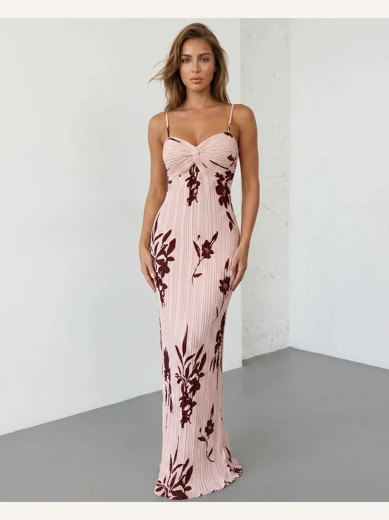 Solace Chic Floral Print Twist Bust Pleated Maxi Dress