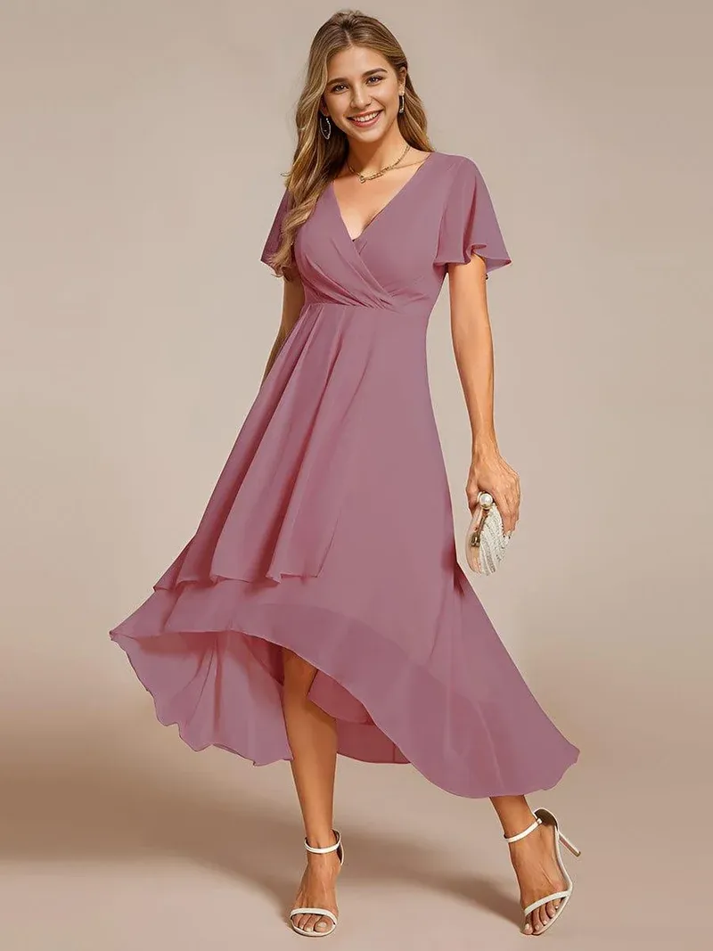 ever LARK Ruffles Sleeve Pleated V-Neck A-Line Midi Chiffon Wedding Guest Dress