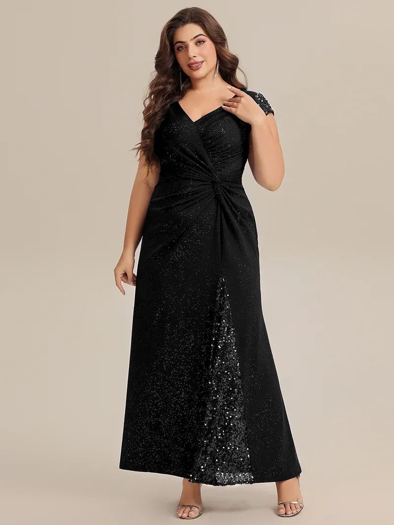 pretty KAIA Plus Size Knotted Knit Cap Sleeve Maxi Glitter Evening Dress