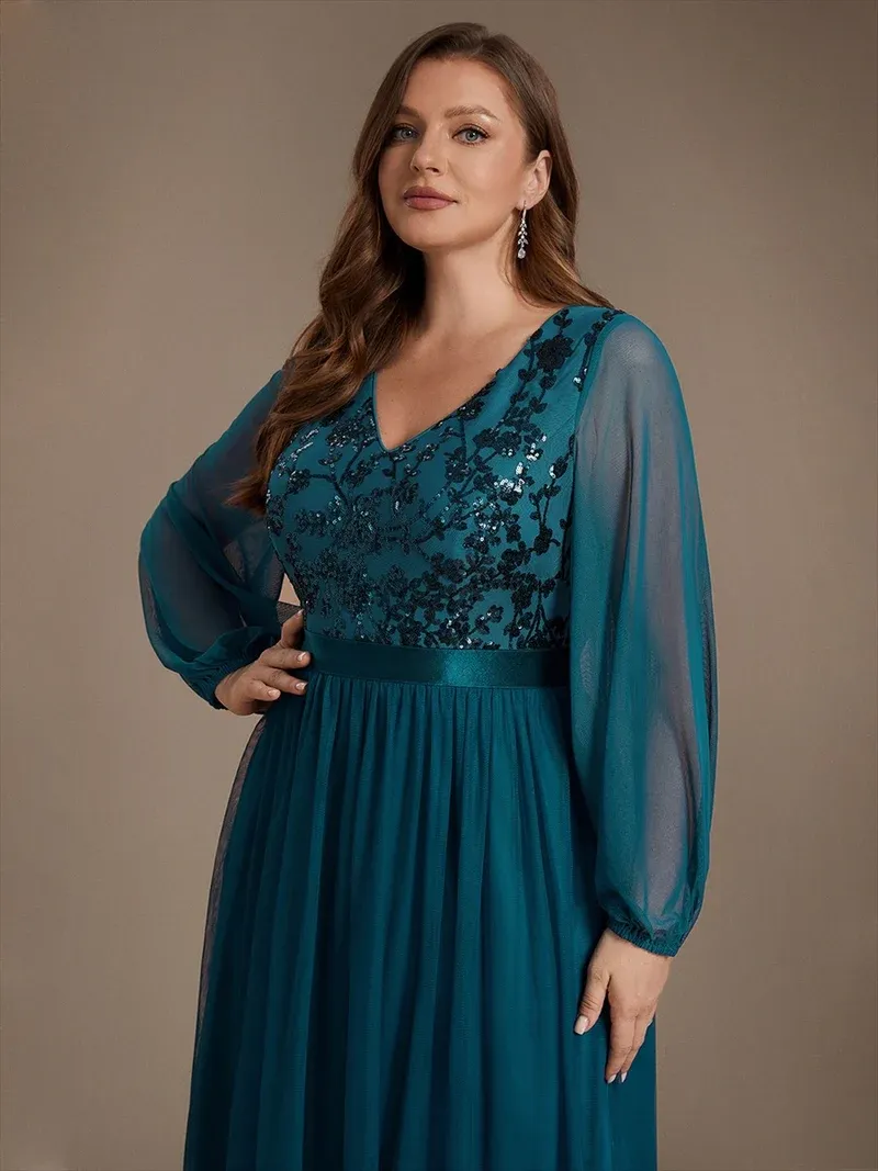 EVER-PRETTY Sequin Puff Long Sleeve Evening Dress