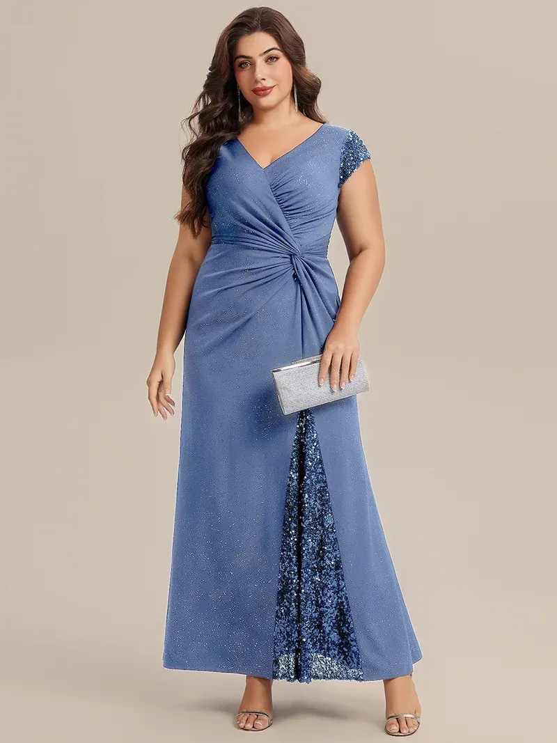 pretty KAIA Plus Size Knotted Knit Cap Sleeve Maxi Glitter Evening Dress