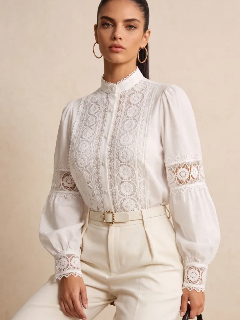 Solace Chic Lace Panel Stand Collar Puff Long Sleeve Blouse
