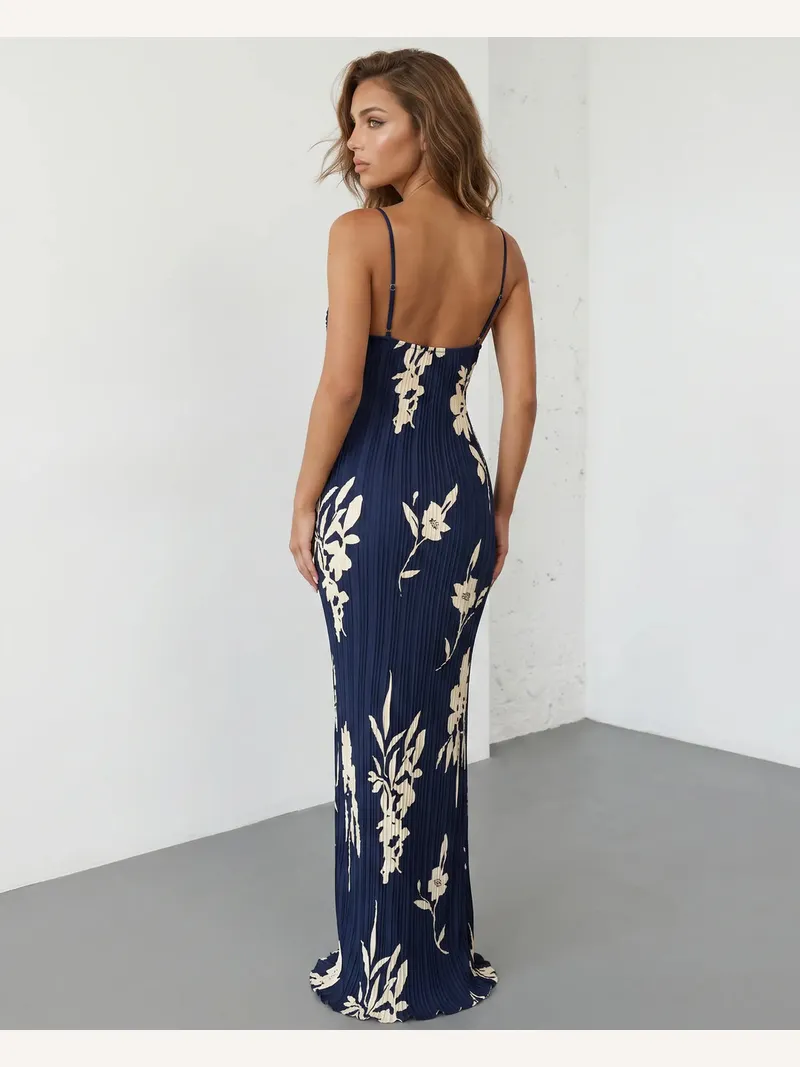 Solace Chic Floral Print Twist Bust Pleated Maxi Dress