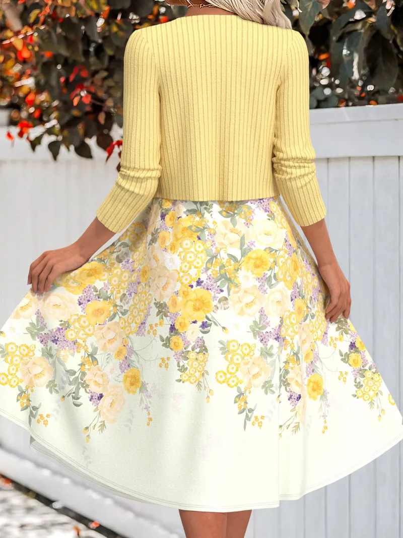 Modlily Light Yellow Two Piece Floral Print Dress and Cardigan