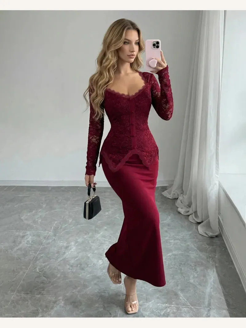 Solace Chic Burgundy French Lace Sweetheart Neck Midi Dress