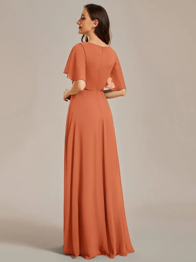 ever IVYROSE Ruffles Sleeve A-Line Chiffon Waist Applique Maxi Formal Evening Dress