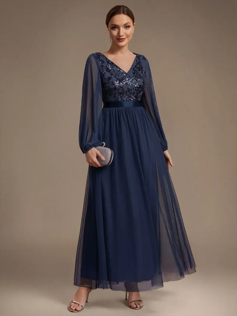 EVER-PRETTY Sequin Puff Long Sleeve Evening Dress